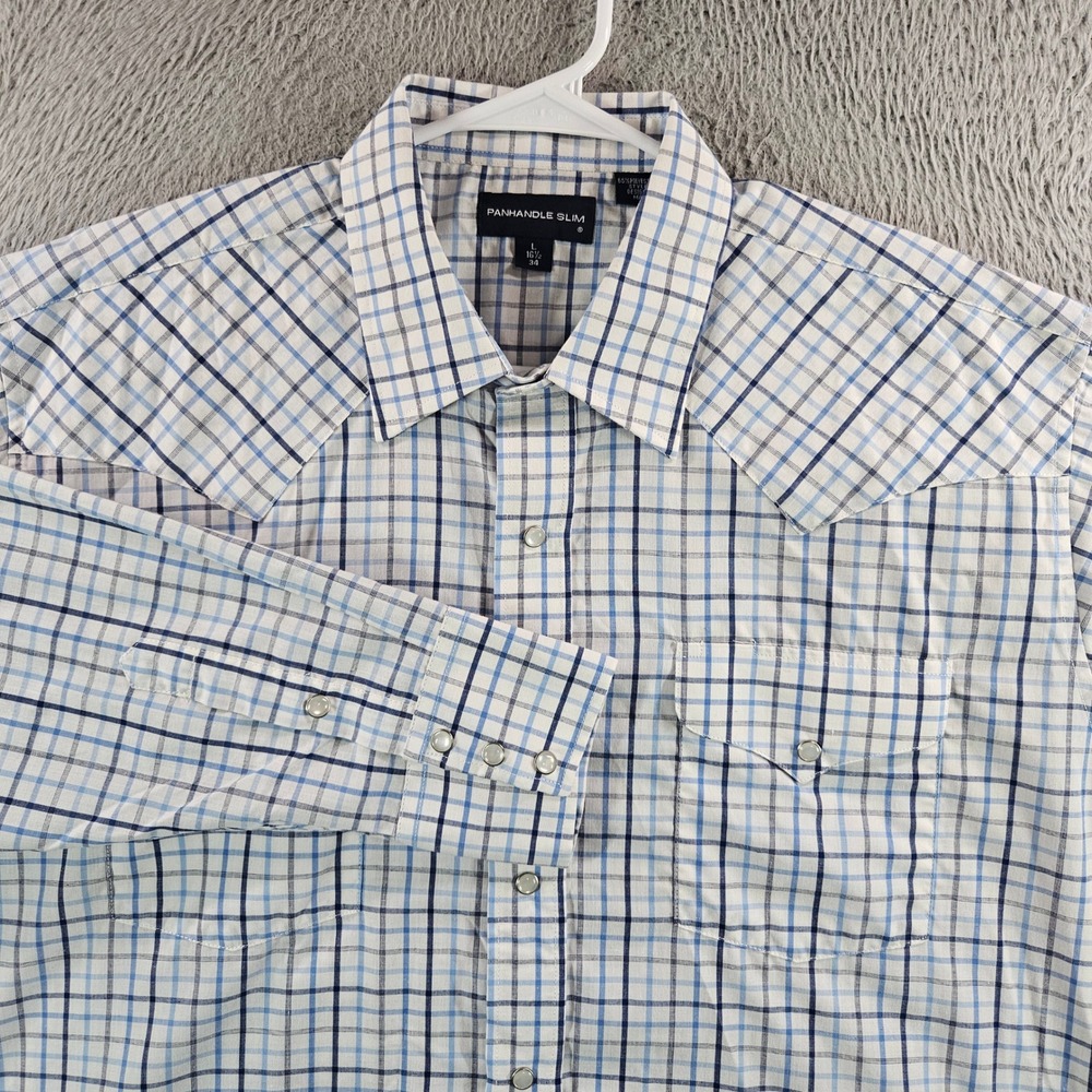 Panhandle Slim Mens Blue White Plaid Western Snap Shirt Large 16.5 34